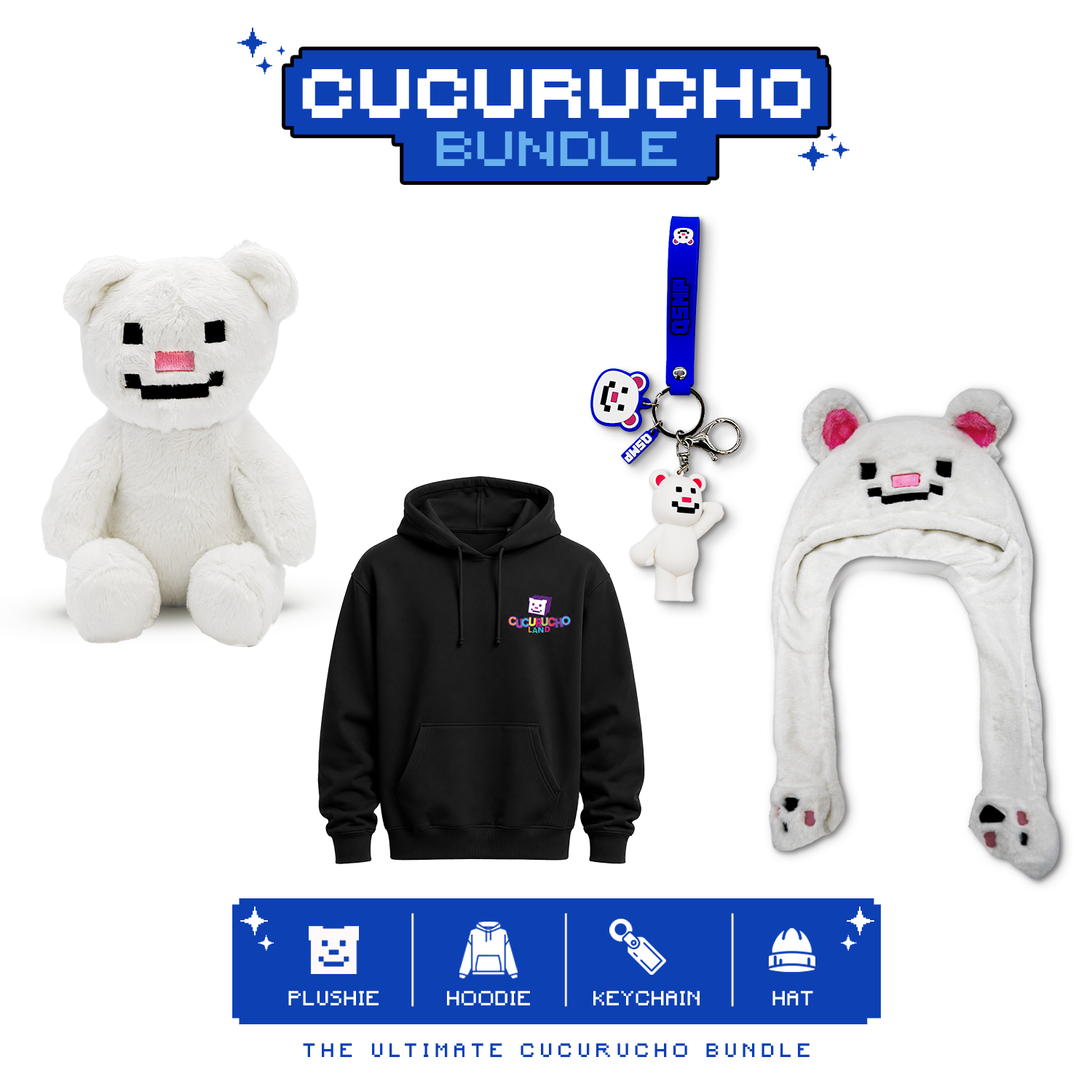 The Full Park Bundle — hoodie, plushie, plush hat, and keychain in a Cucurucho Land gift box